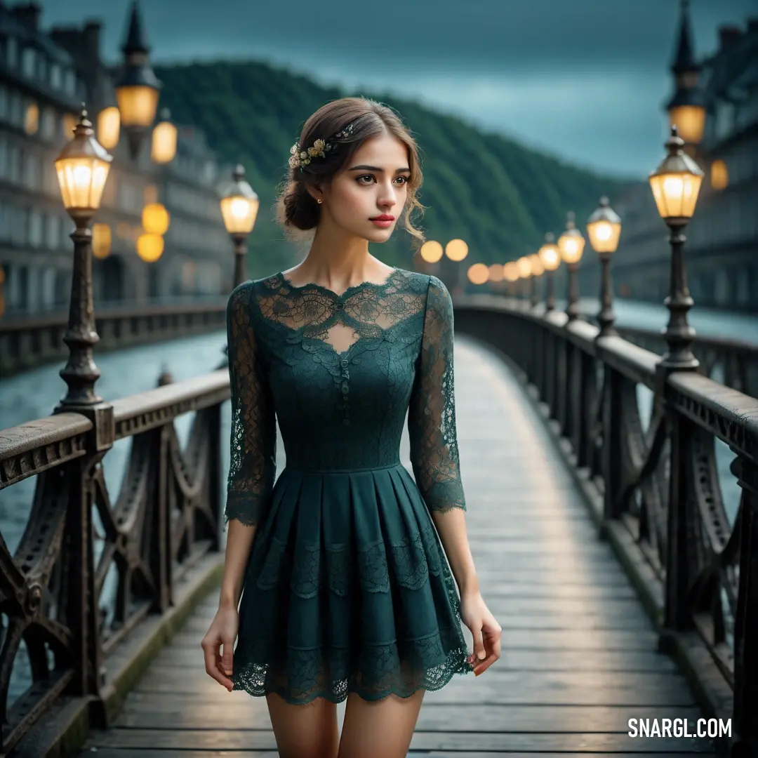 Woman in a green dress standing on a bridge at night with a dark sky in the background