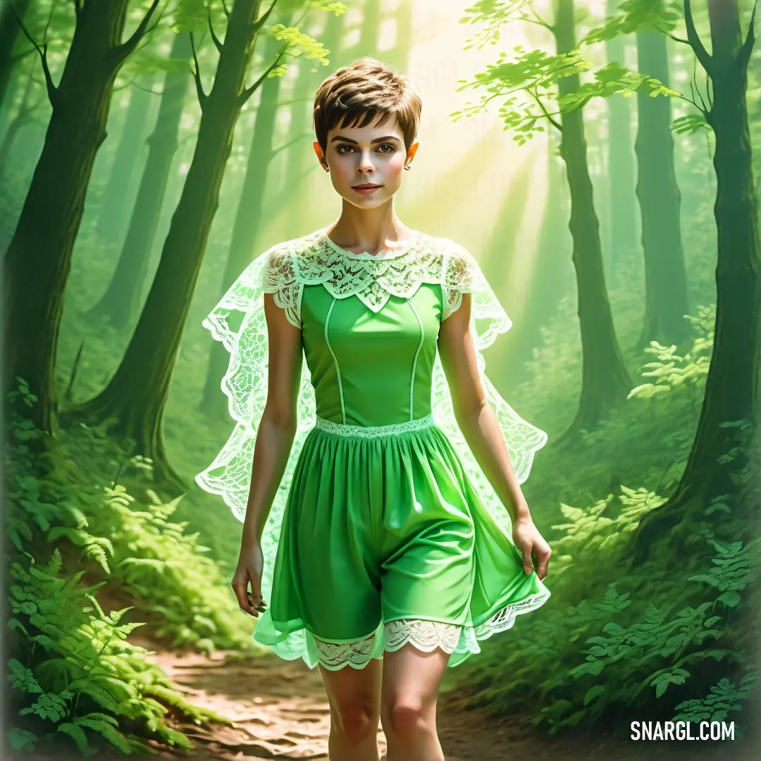 Woman in a green dress walking through a forest with trees and sunlight shining through the trees on her