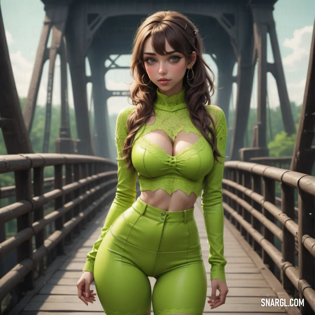 Woman in a green outfit is standing on a bridge