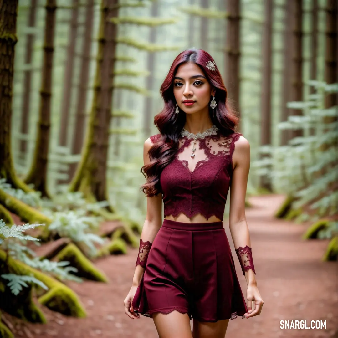 Woman in a maroon dress walking through a forest with trees and ferns on the ground and a path