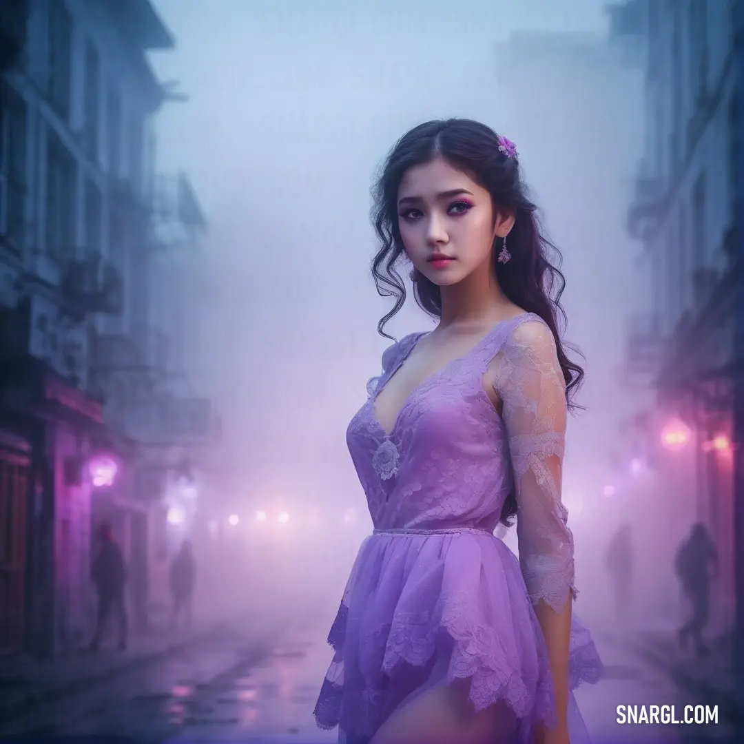Woman in a purple dress standing in the rain on a city street at night with a foggy background