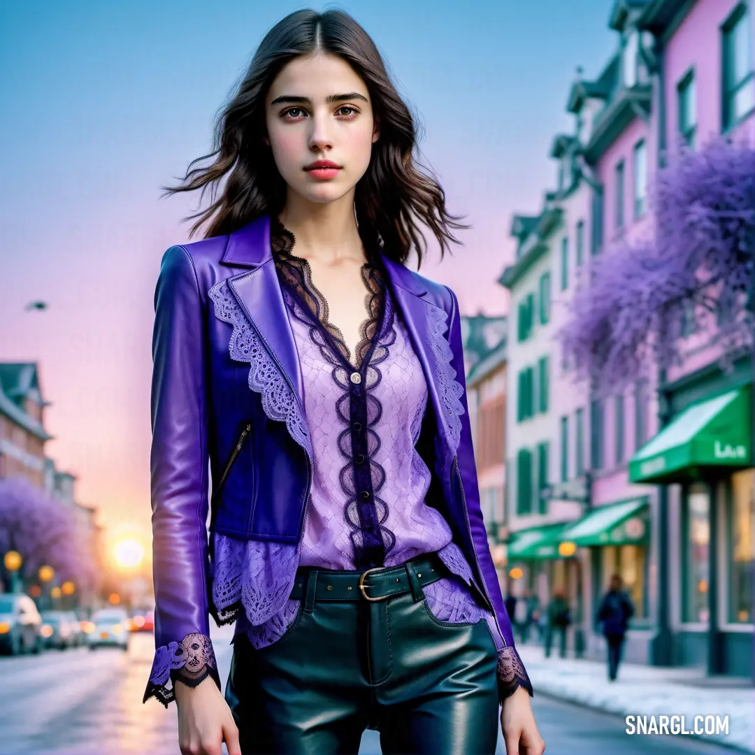 Woman in a purple jacket and black pants standing on a street corner with a pink sky in the background
