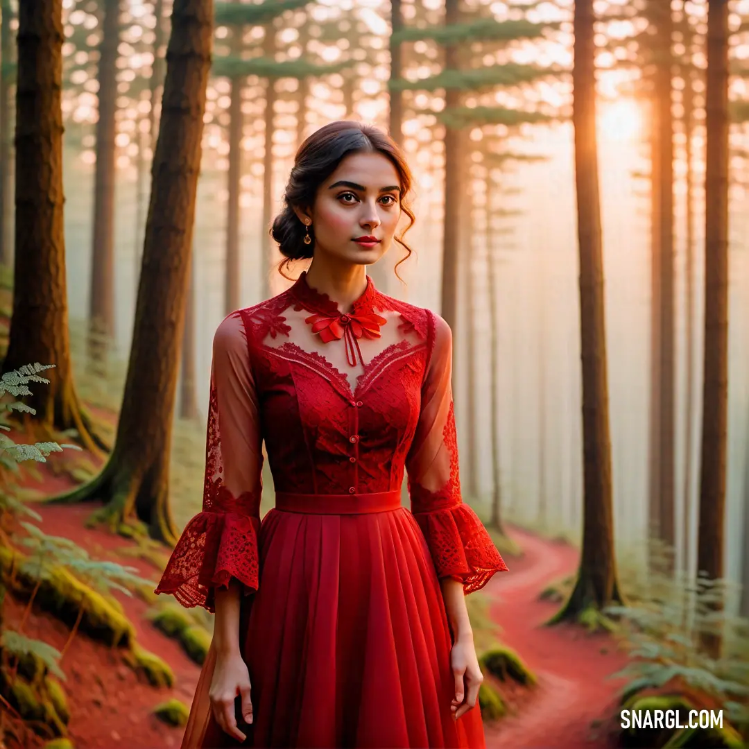 Woman in a red dress standing in a forest with trees and grass in the background