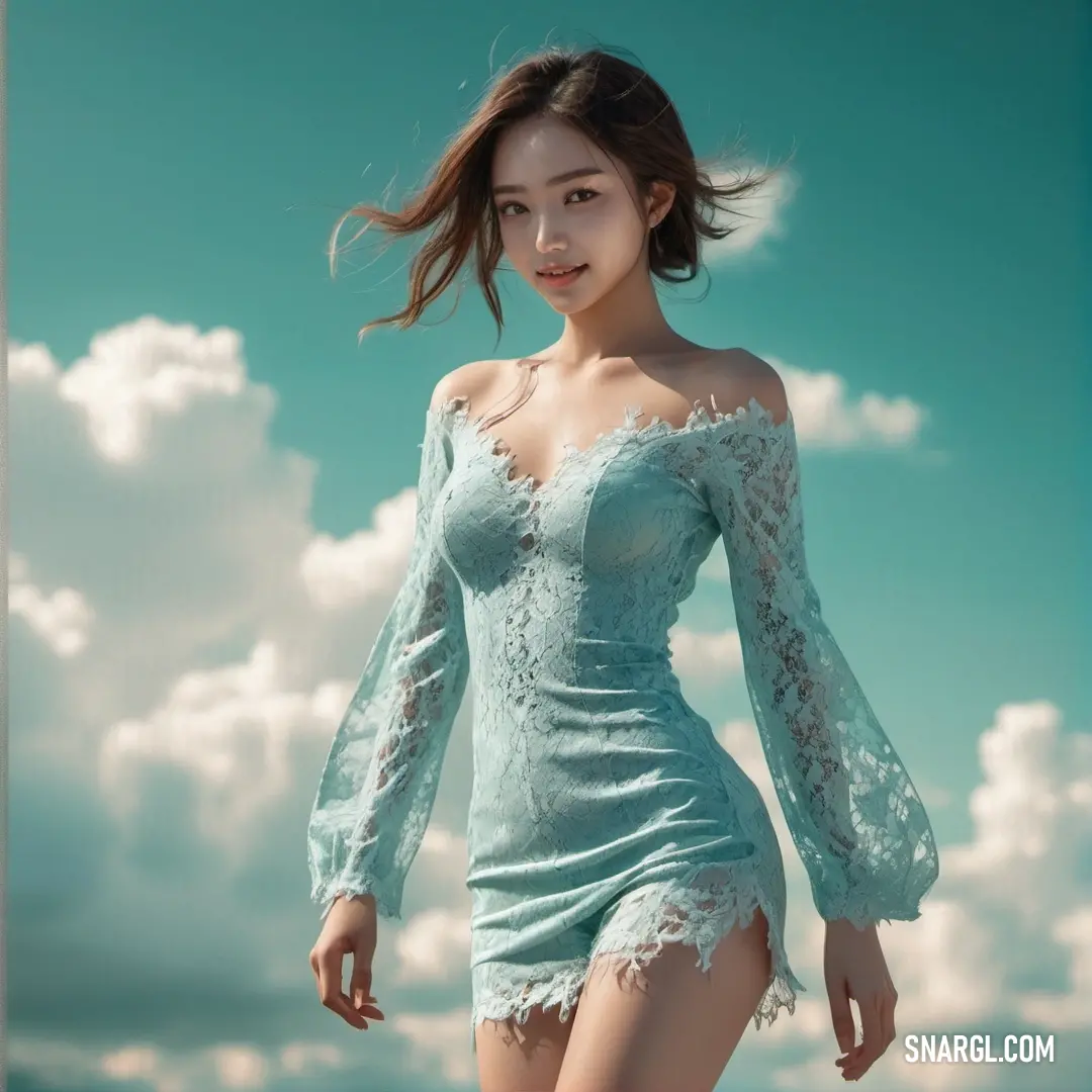 Woman in a short dress is posing for a picture with clouds in the background