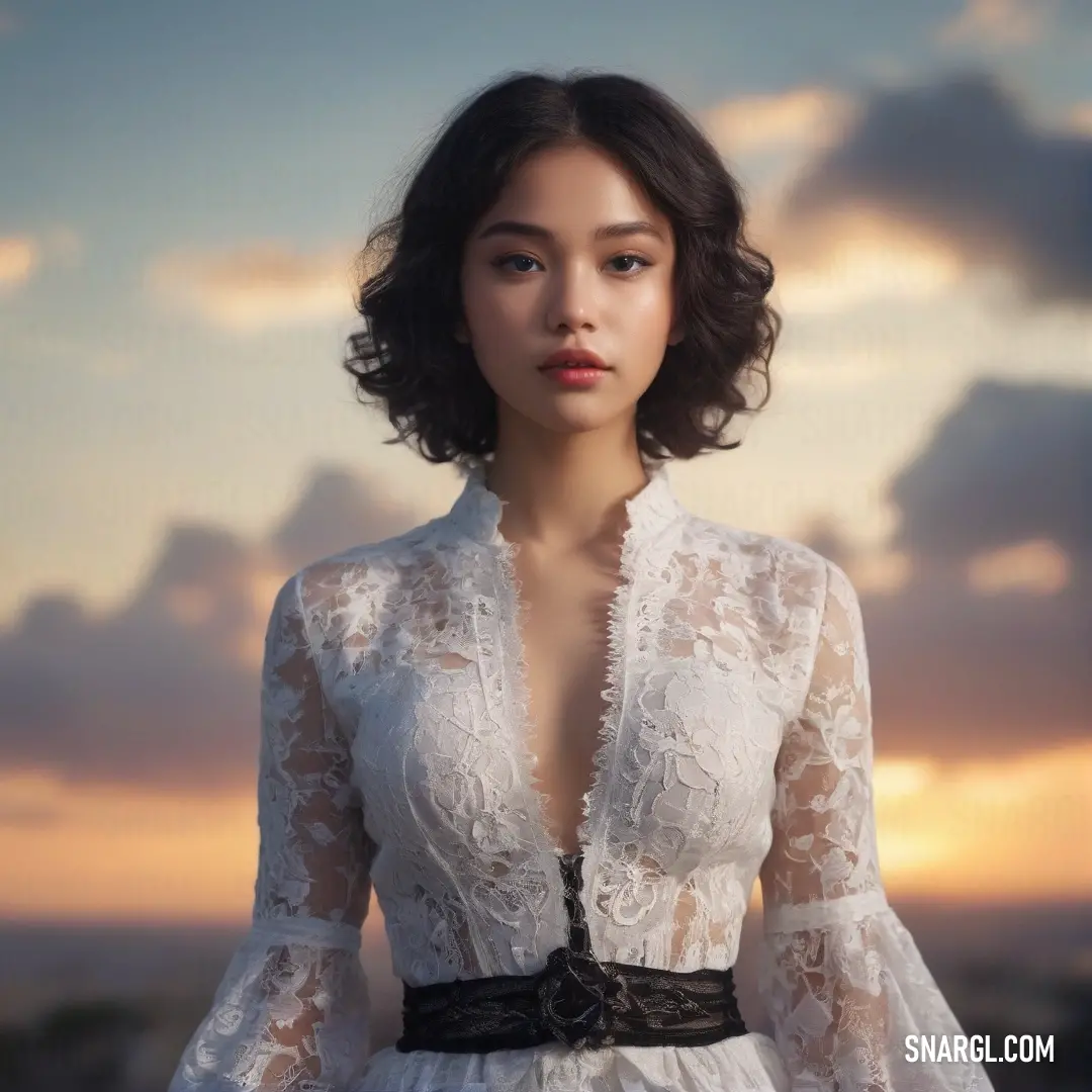 Woman in a white dress standing in front of a sunset sky with clouds in the background