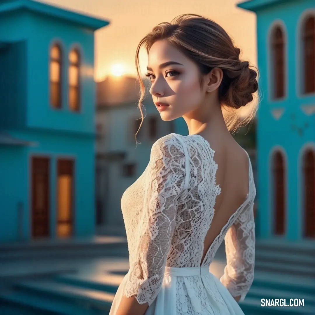 Woman in a white dress standing in front of a building with a sunset behind her