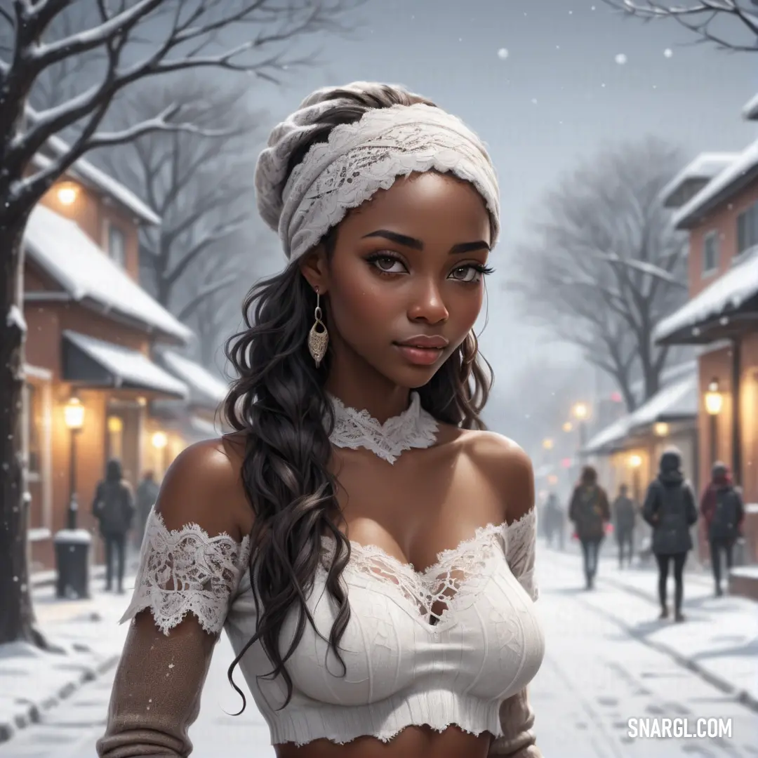 Woman in a white top and a white headband standing in the snow in front of a snowy street