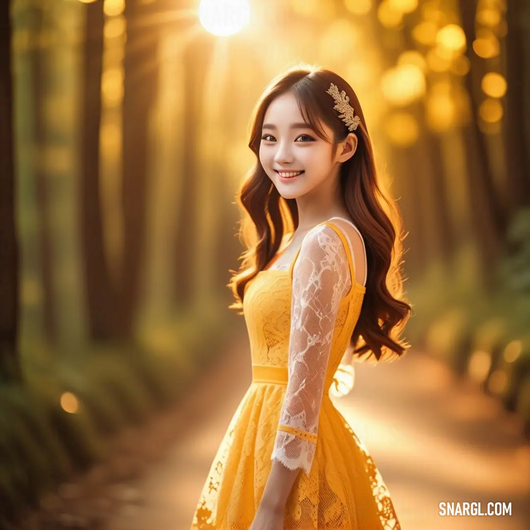 Woman in a yellow dress standing in the woods with a sun shining behind her and a trail in the background