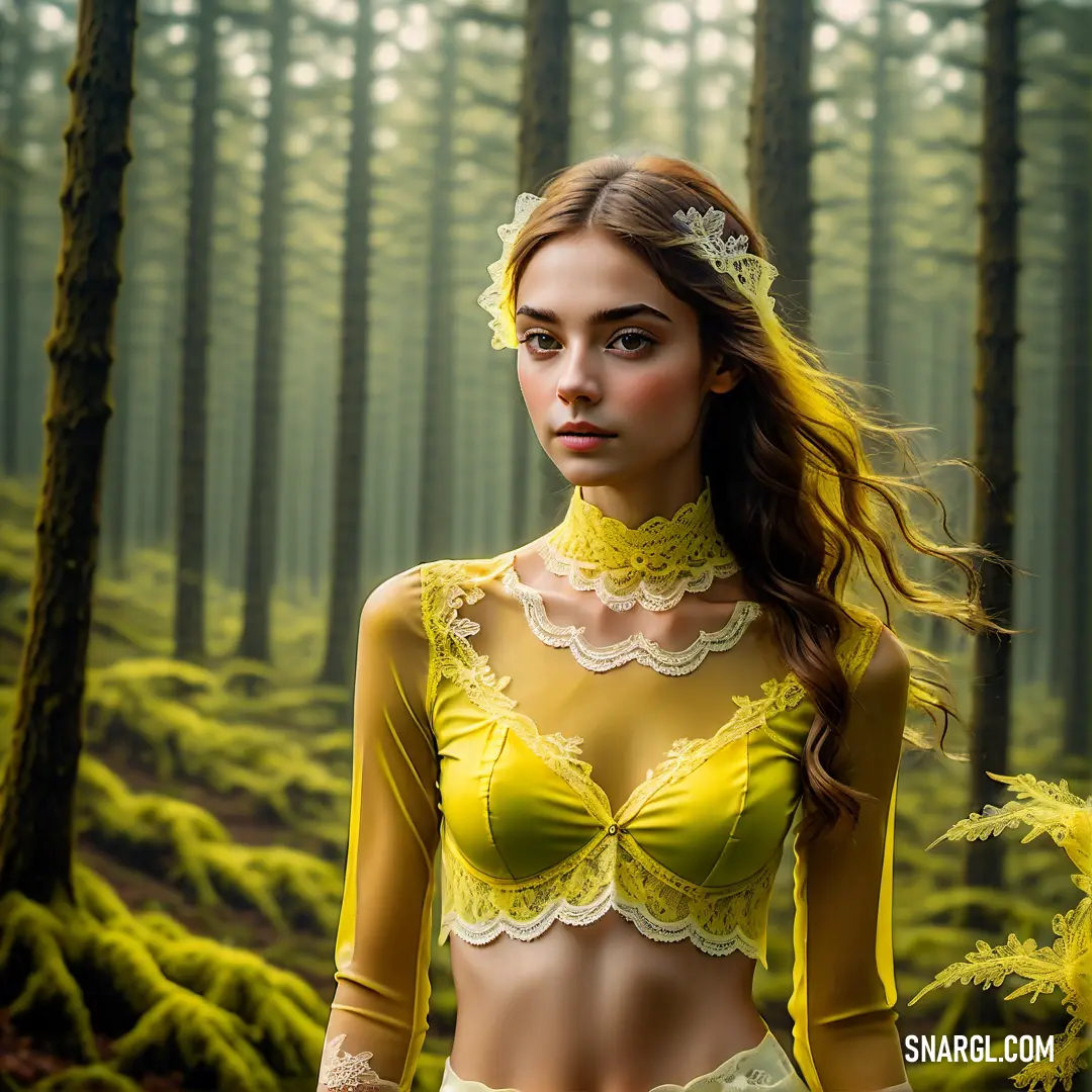 Woman in a yellow lingerie in a forest with moss growing on the ground and trees in the background