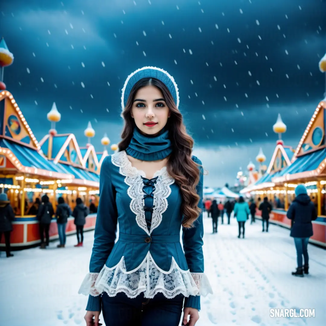 Woman standing in front of a carousel at night with snow falling on her head and people walking around
