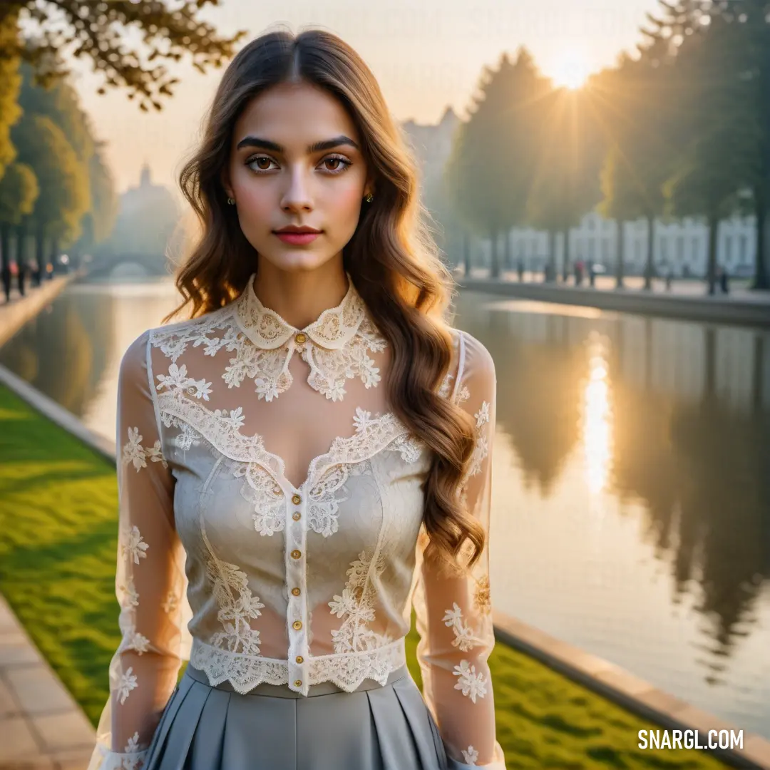 Woman standing in front of a lake wearing a dress and a necklace