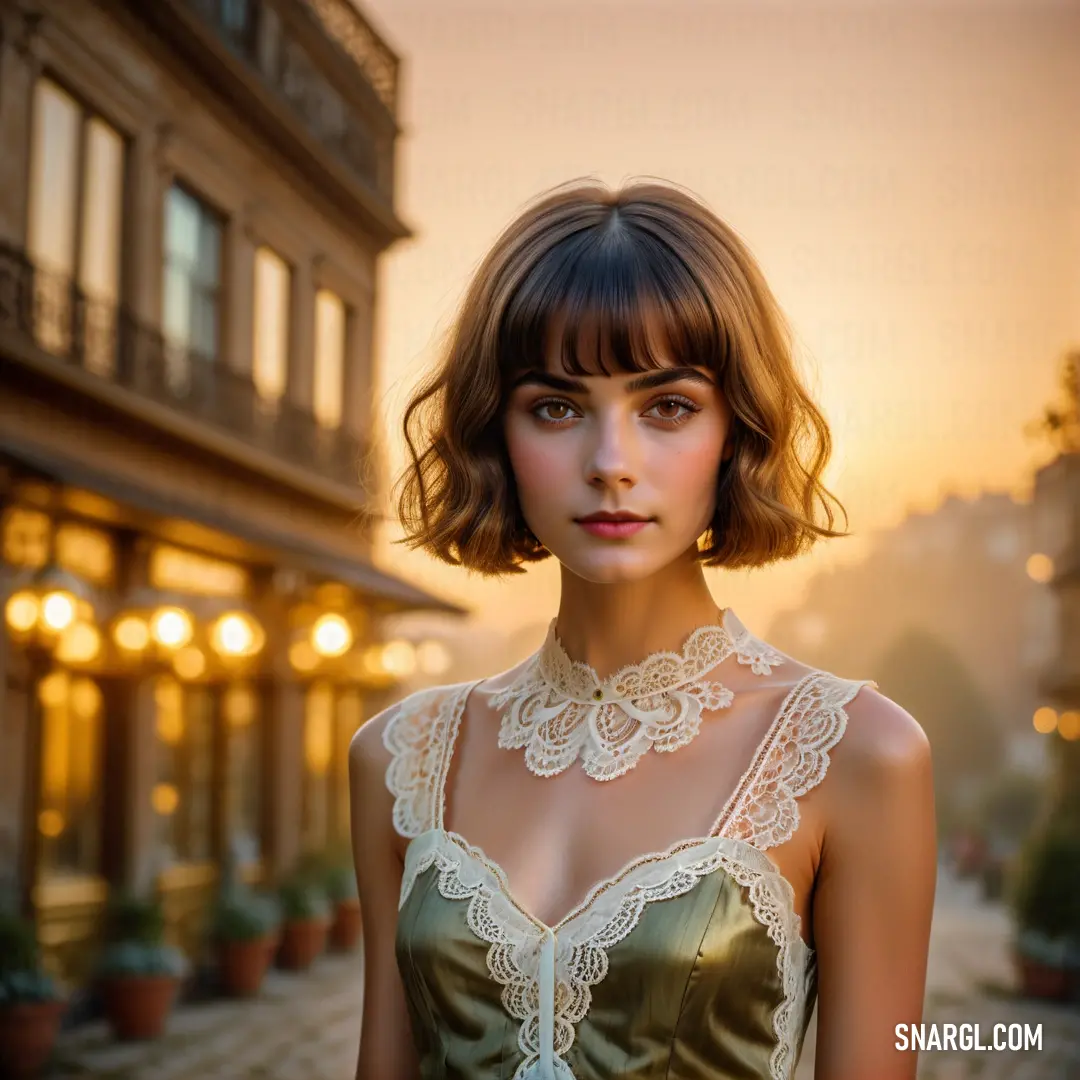 Woman with a short bobble haircut and a lacy collared top stands in front of a building