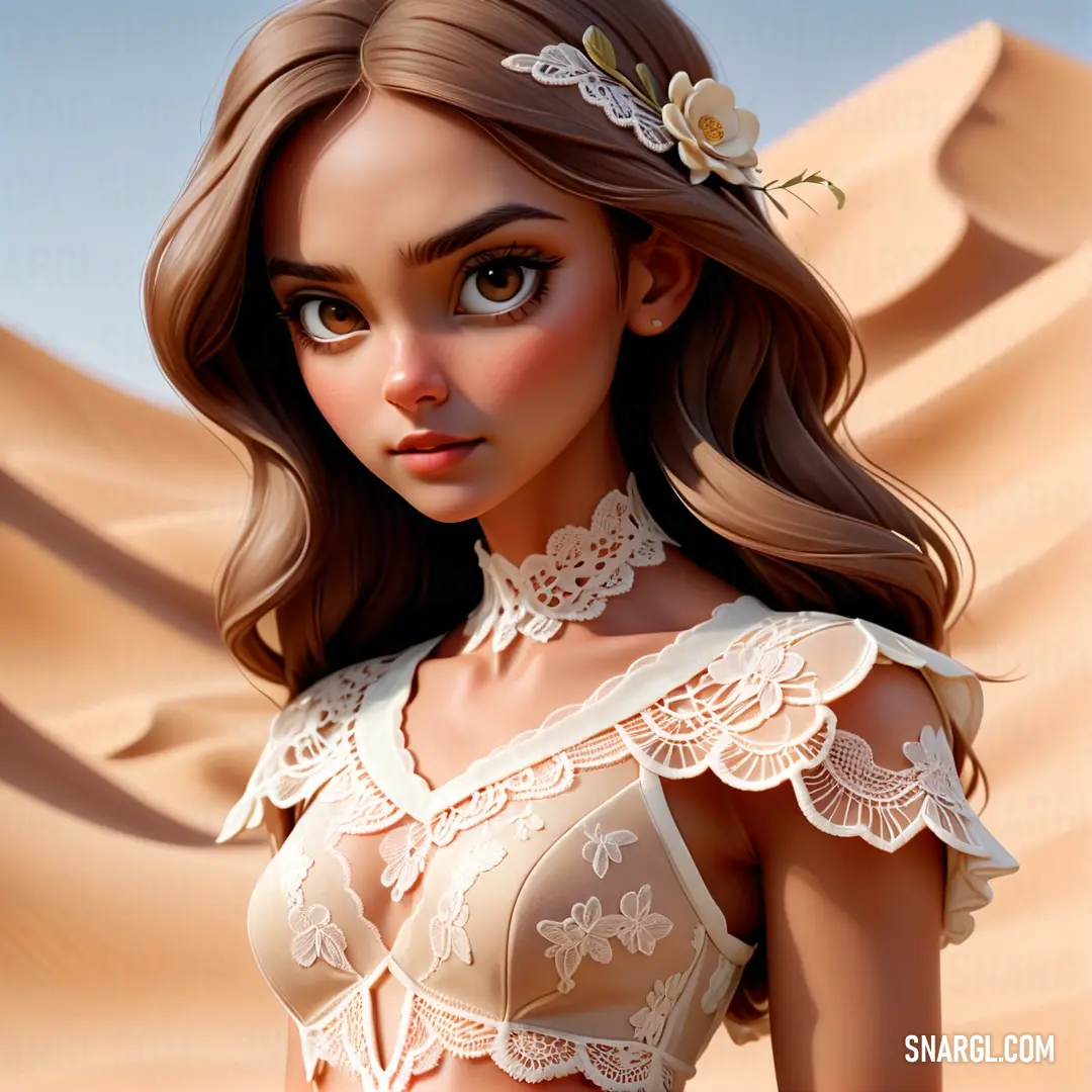 Woman with a white bra and a flower in her hair is standing in the desert with a desert background