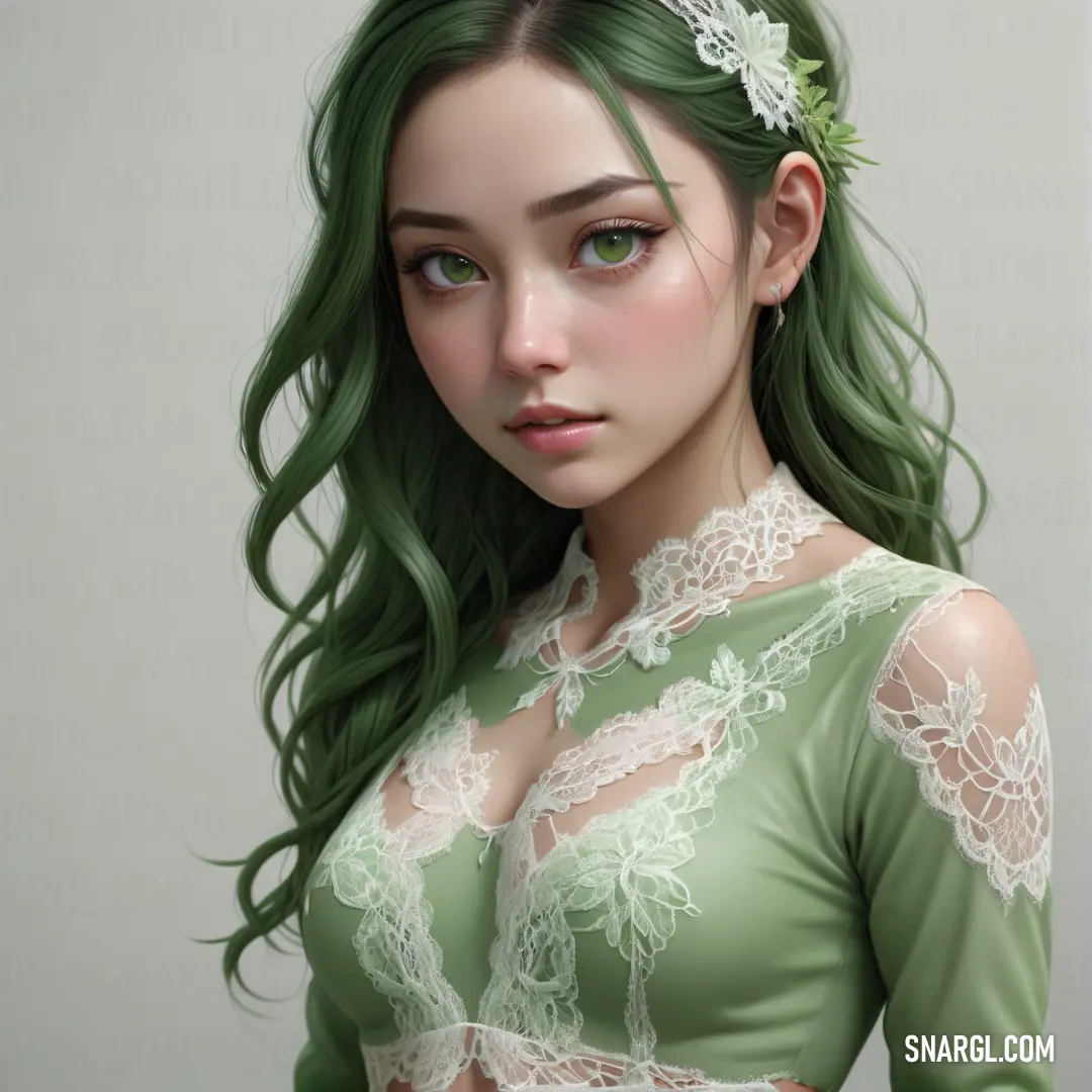 Woman with green hair and a green dress with white laces on it's shoulders