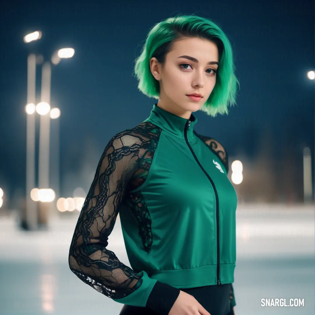 Woman with green hair and a green jacket on posing for a picture at night with street lights in the background