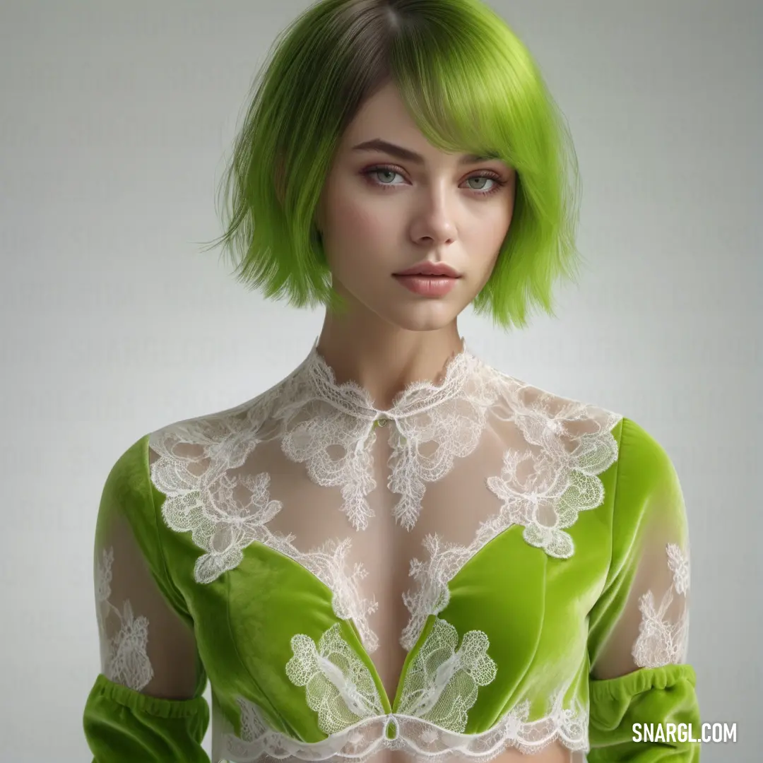 Woman with green hair and a green dress with white lace on it and a green wig