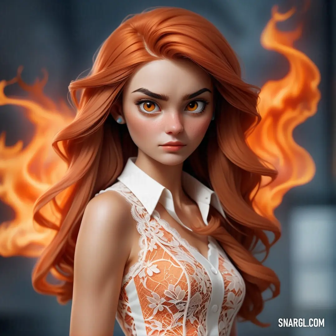 Woman with long red hair and a white shirt on a fire background with flames behind her