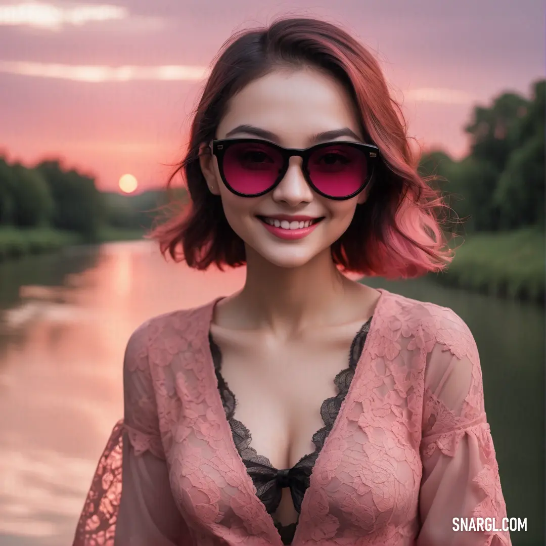 Woman with pink hair and sunglasses on a river bank at sunset with a pink sky and trees in the background