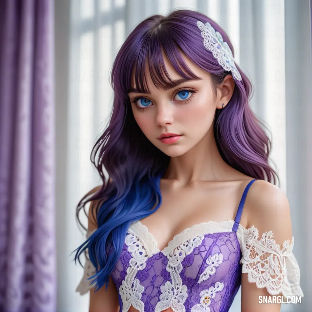 Woman with purple hair and a purple bra top is posing for a picture in a purple room with curtains