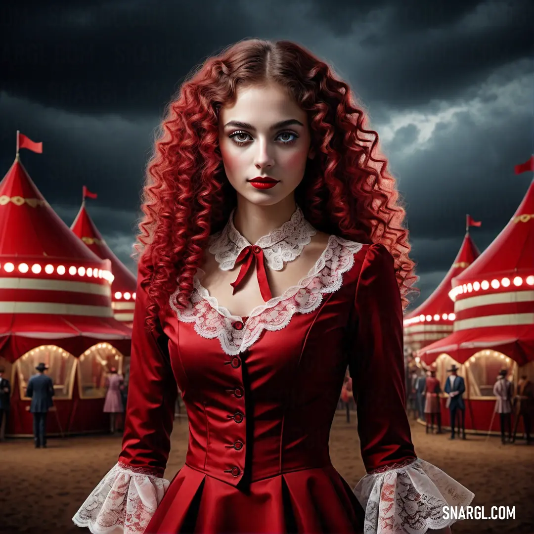 Woman with red hair wearing a red dress and a red bow tie and a dark sky with clouds
