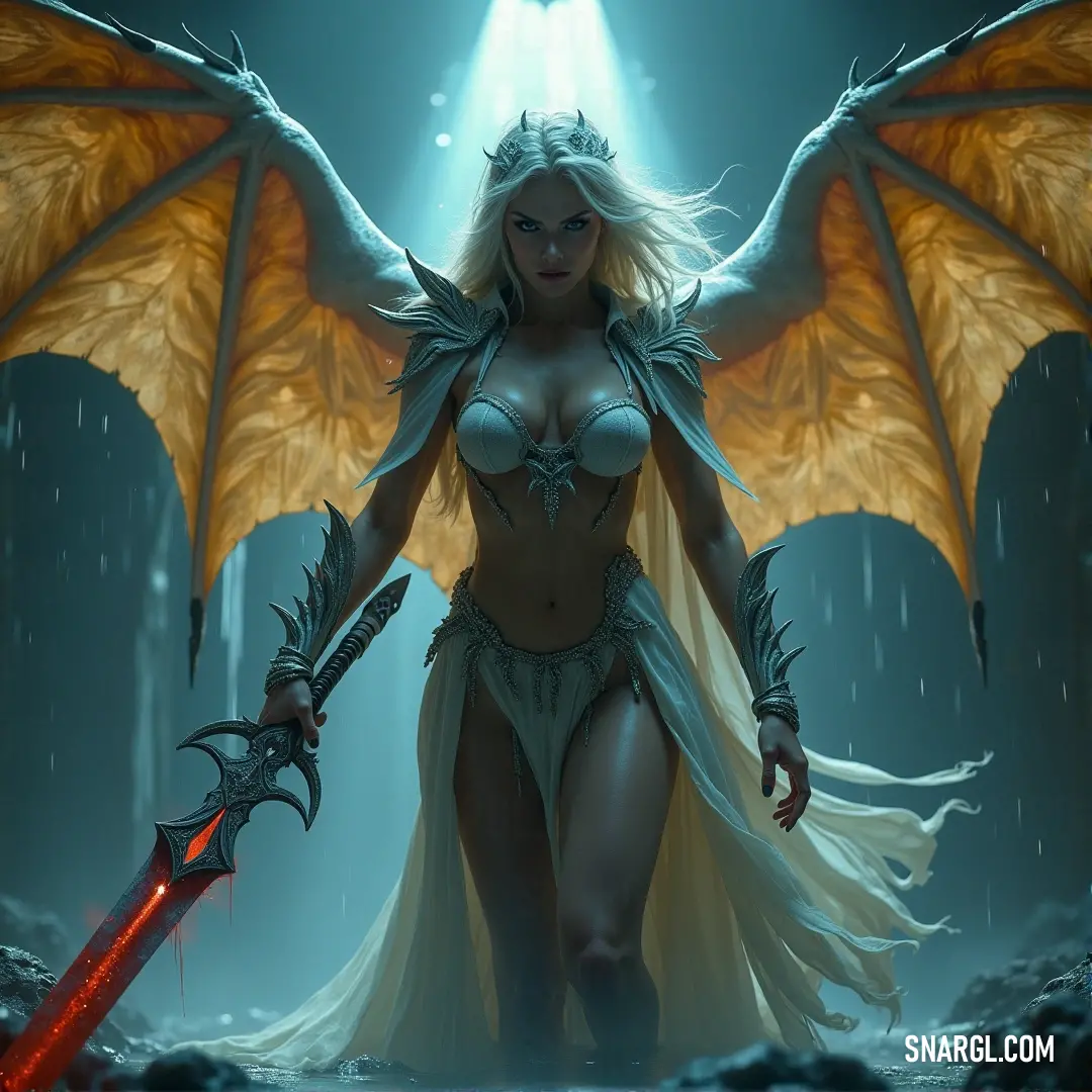 Lachesis, armed with a sword and wings, prepares for battle in a fantasy realm, where dark creatures emerge from the shadows. Lachesis, a fierce warrior with angelic wings and a sword in hand, stands in a dark, fantastical world. Behind her, a monstrous creature lurks, its demonic features adding tension to the scene, as she faces the unknown with steely determination.