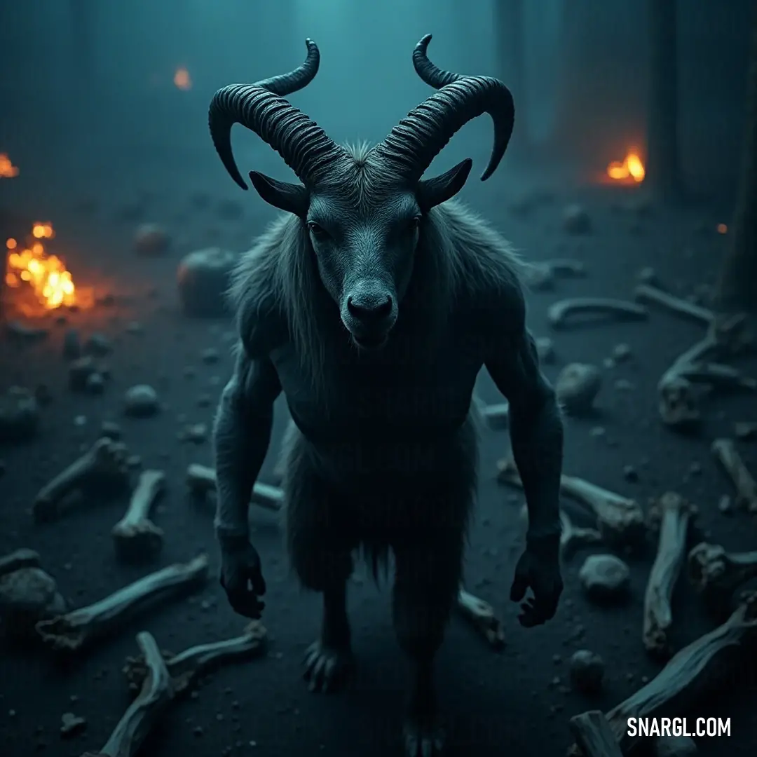 Mysterious Horned Ladon in a Dark Forest with Enigmatic Flames A mystical horned creature known as Ladon stands sentinel in a shadowy forest, the flickering flames of a fire casting an enchanting glow, illuminating the thick foliage and creating an atmosphere of both danger and intrigue.