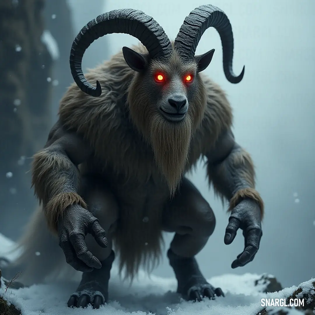 The unique Horned Ladon, with intense glowing eyes, finds himself in a tranquil snowy landscape, hands tucked in his pockets, embodying a serene yet enigmatic presence amid the pristine winter wonderland.