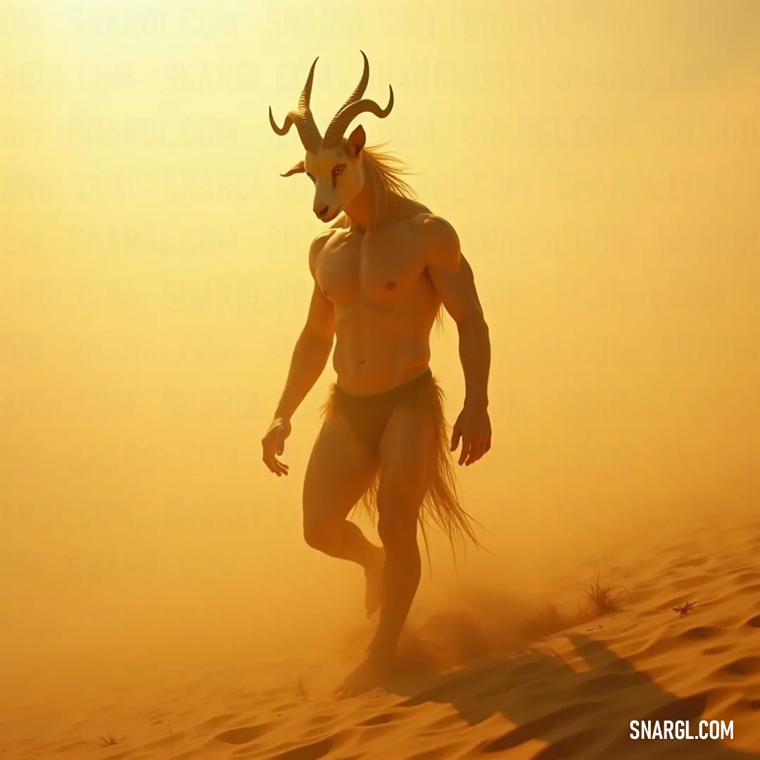 In the warm glow of sunset, Ladon with a horned head and lustrous hair races across a sandy desert, embodying freedom and spirit, while the vibrant colors of the sky amplify the sense of adventure and unrestrained wildness.