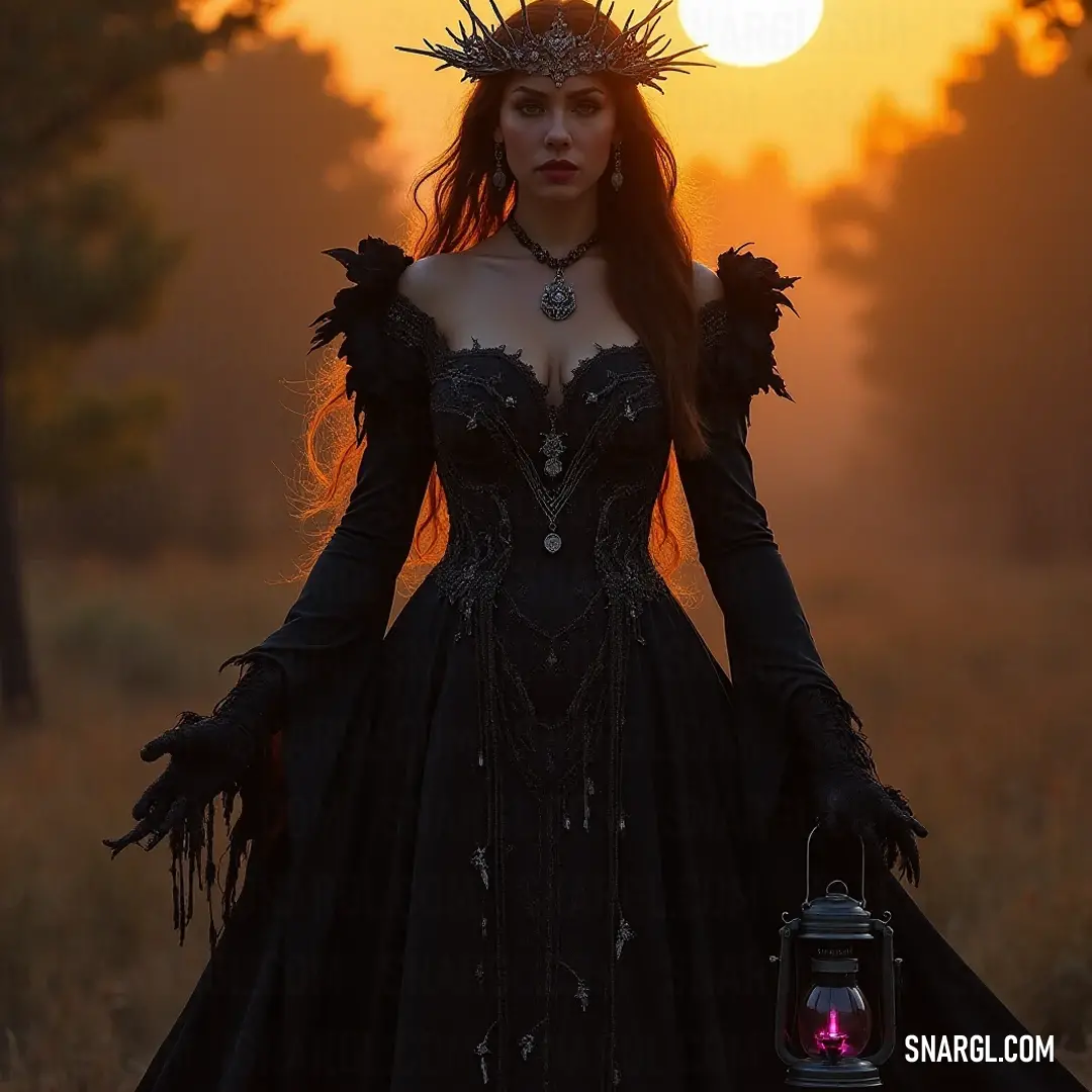 A mysterious lady dressed in a striking black gown holds an ancient lantern, casting a haunting light as the sun sets behind, creating an enchanting aura in this shadowy atmosphere.