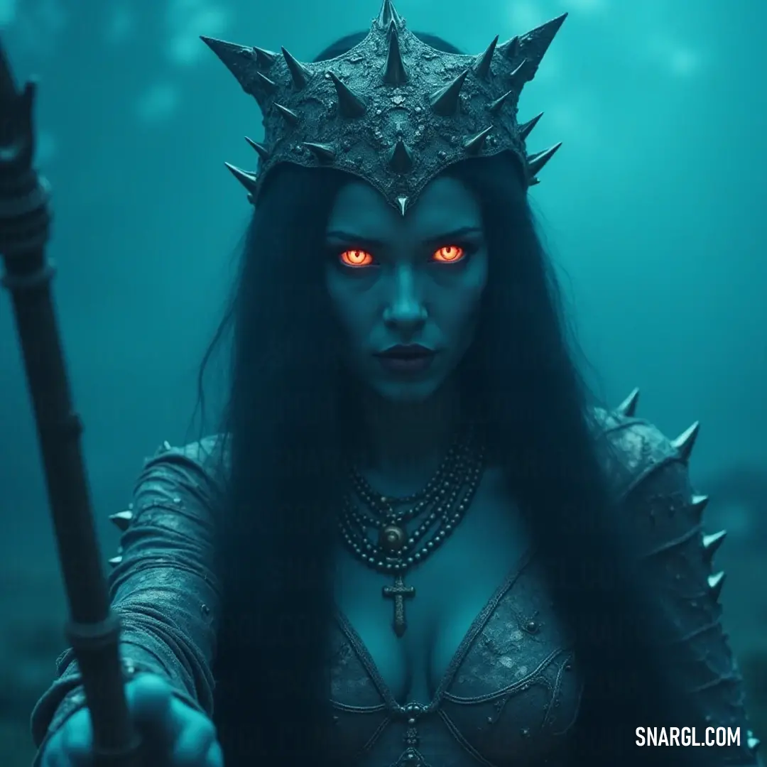 A majestic figure with luminous red eyes and a crown wields a staff amidst a mysterious dark sea, teeming with bubbles of energy. A mesmerizing being with glowing red eyes and a regal crown holds a staff, surrounded by a deep blue sea filled with bubbling energy, hinting at their connection to the ocean's magic.