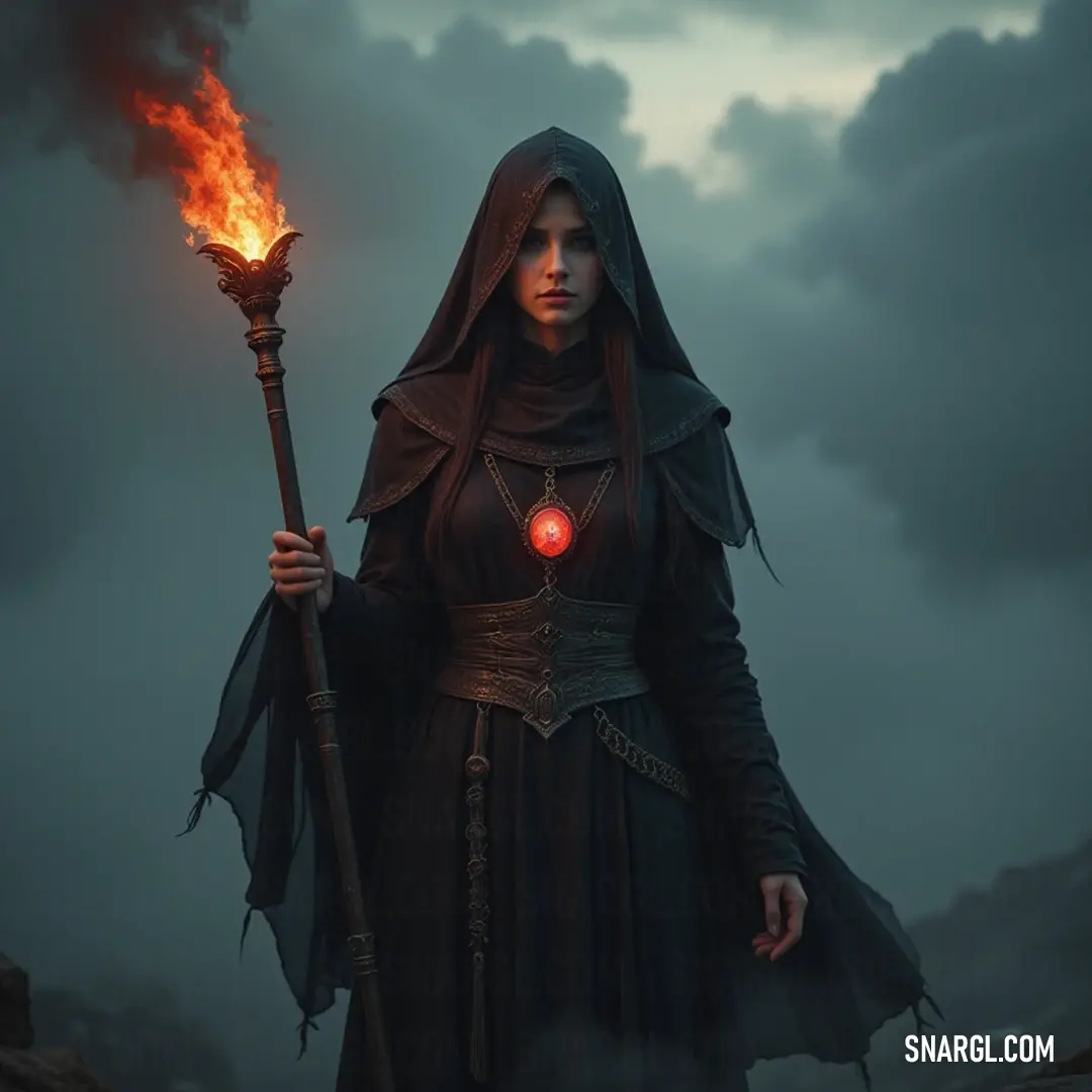 A mysterious figure in black holds a radiant red light against a backdrop of swirling dark clouds, embodying power and intrigue. A dark-clad figure with a glowing red stick stands amidst turbulent clouds, their presence exuding both mystery and power as shadows swirl around them in a haunting atmosphere.