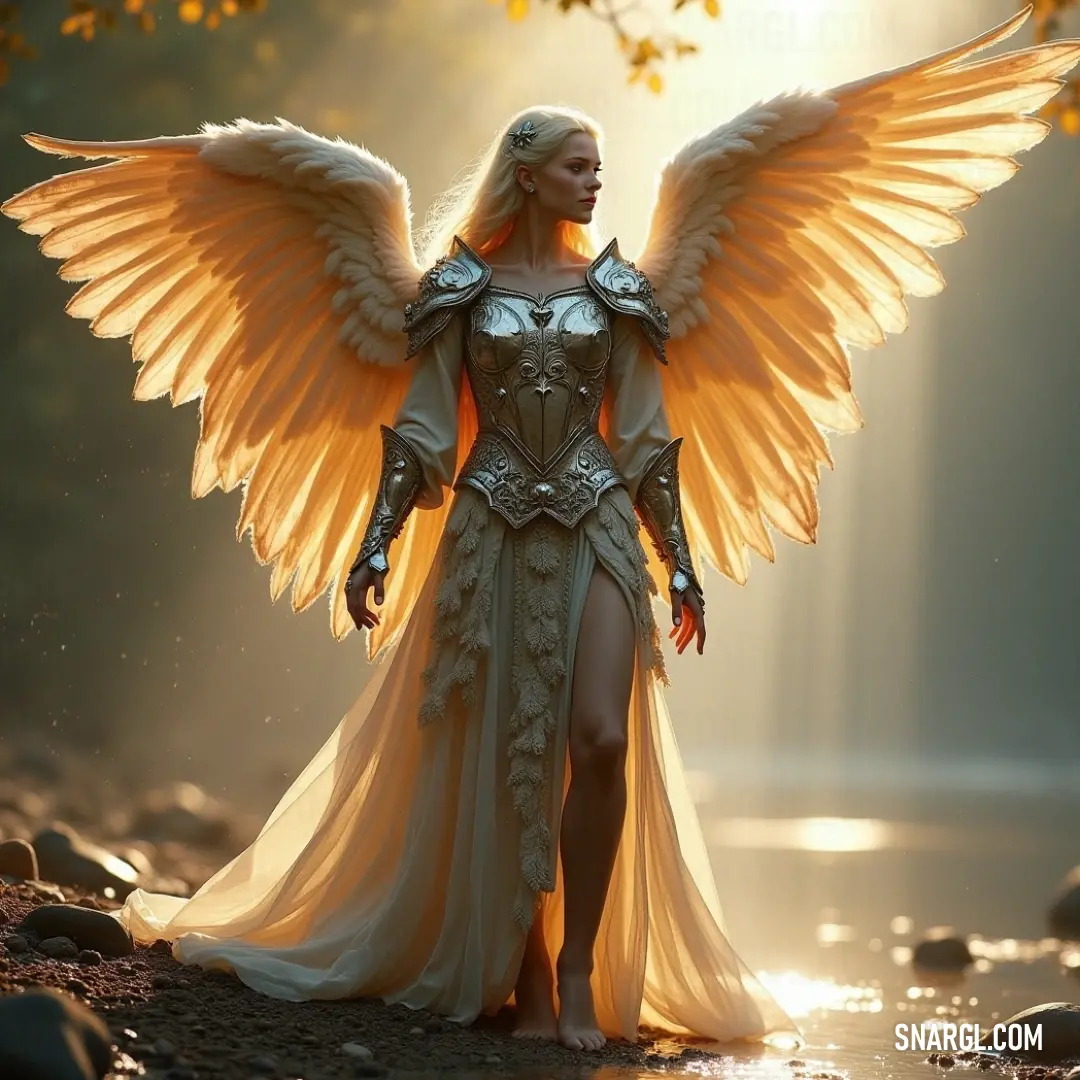 Lailah with wings, standing in a river, bathed in warm light with a glowing presence Lailah, with her delicate wings, stands in a gentle river, the sunlight illuminating her form and casting a soft glow across her face and body. The ethereal light creates a magical atmosphere in this peaceful moment.