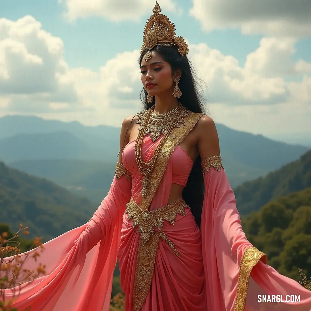 A woman in a delicate pink dress adorned with a shimmering gold crown stands elegantly, embodying grace and beauty in a picturesque setting filled with soft light and charm. Draped in a pink dress, a woman adorned with a gold crown stands gracefully, her presence radiating elegance and poise in a soft, enchanting environment that enhances her royal allure.