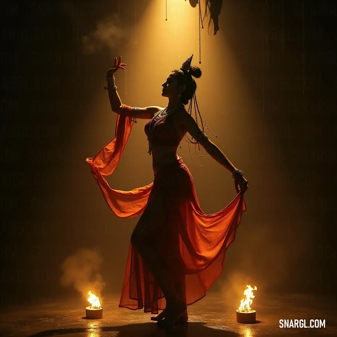 Amidst a backdrop of dancing flames, a woman in a vibrant red dress performs with passion, her movements expressing the fierce beauty of fire and elegance intertwined. A woman in a striking red dress dances passionately, the flickering flames creating a dramatic backdrop that enhances her powerful presence and dynamic movement, merging with the intensity of the moment.
