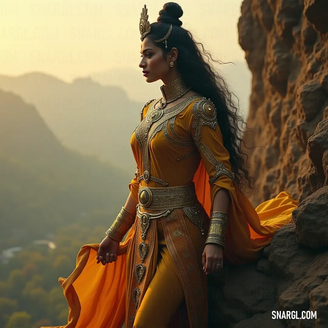Lakshmi stands regally on a mountaintop in a yellow dress, embodying strength and unity with nature's beauty. Majestic Lakshmi, cloaked in a vibrant yellow dress, stands boldly on a cliff, her poised demeanor capturing the beauty of the majestic mountains behind her, with clouds whispering tales of divinity.