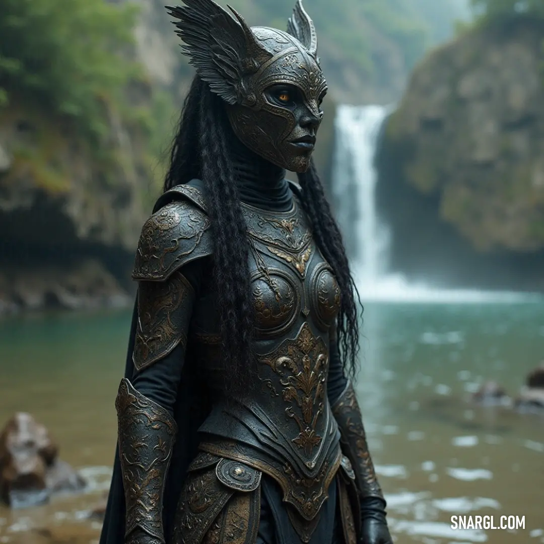 Lalla Rookh stands proud in a stunning costume before a powerful waterfall, the mist rising around her and the flowing water enhancing the drama of the scene, creating a captivating, mythical moment. Lalla Rookh stands confidently in an elaborate costume, with a majestic waterfall cascading behind her. The vibrant flowing water contrasts beautifully with the intricate details of her costume, creating a dramatic, mythical scene.