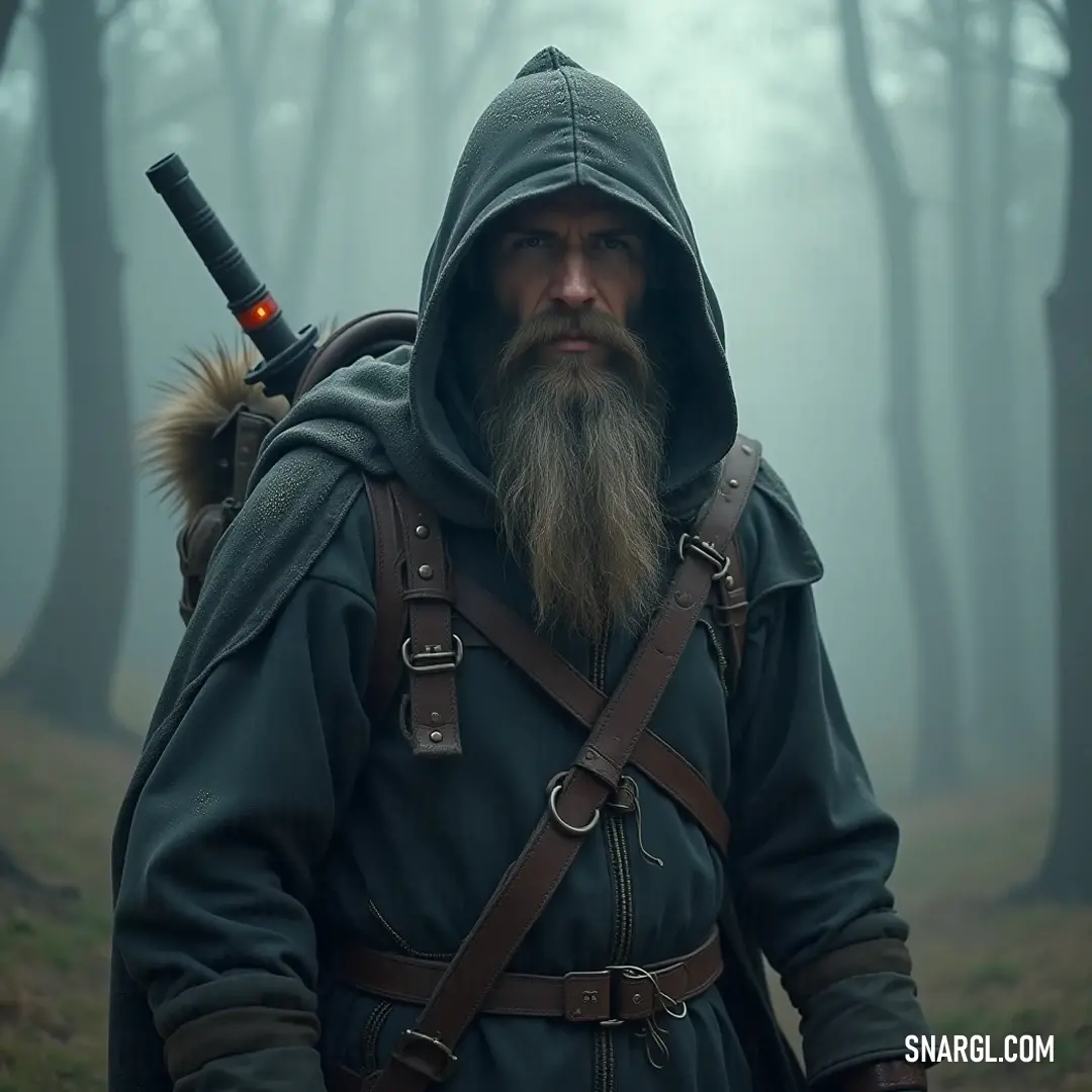 A shadowy figure with a beard, cloaked in a hoodie, confidently holds a sword amidst a misty forest, where fog intertwines with towering trees, creating an atmosphere thick with mystery and suspense.