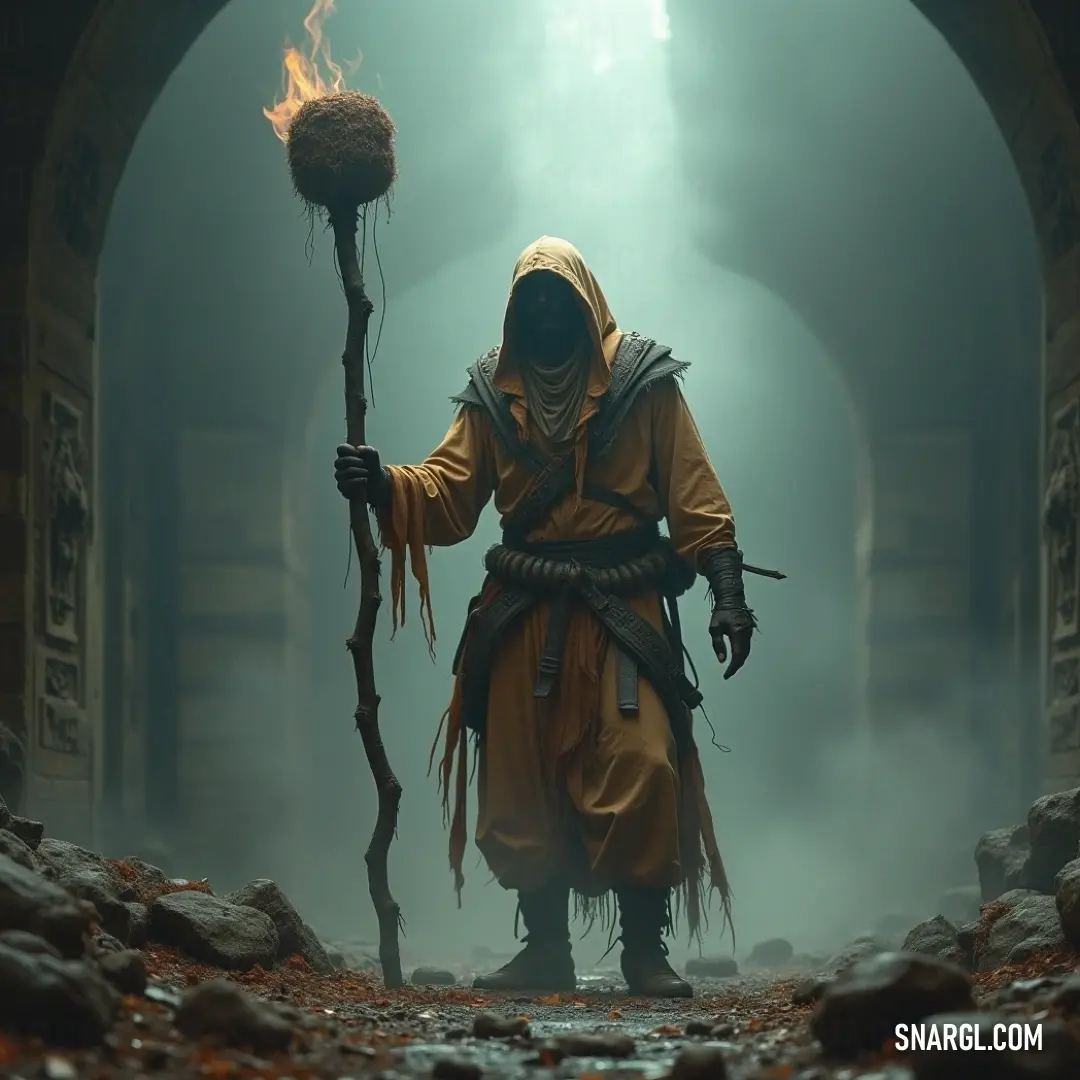 In a smoky tunnel, a figure in yellow stands firm, holding a stick and a ball, poised for action. The haze around them hints at an imminent challenge or game yet to be played. A character dressed in a bright yellow outfit holds a stick and a ball in one hand, standing in a misty, smoke-filled tunnel. The dark and foreboding surroundings contrast with their vibrant clothing, creating a striking visual.