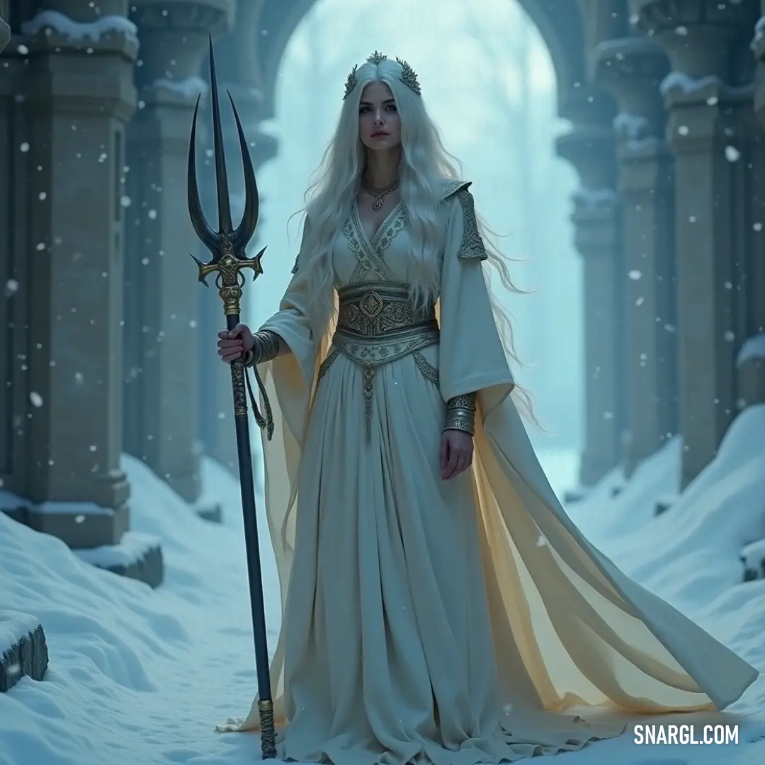 In a breathtaking wintry realm, a majestic figure in a flowing white gown wields a horned staff, surrounded by ethereal snow, creating an otherworldly atmosphere where magic dances in the air. A regal character shrouded in a flowing white gown holds a grand staff with intricate horned designs while standing in a snowy landscape, majestic arches framing the scene, as snowflakes gracefully fall around them.
