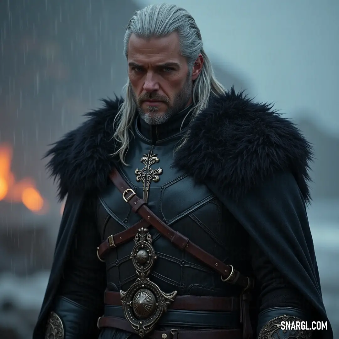 Lambert in a striking black outfit with a fur collar, holding a sword, radiating power and confidence in an atmospheric setting. A mysterious figure, Lambert, dressed in a sleek black outfit with a fur-lined collar, confidently holding a sword in one hand. The dark, commanding attire highlights his strong presence and readiness for action.