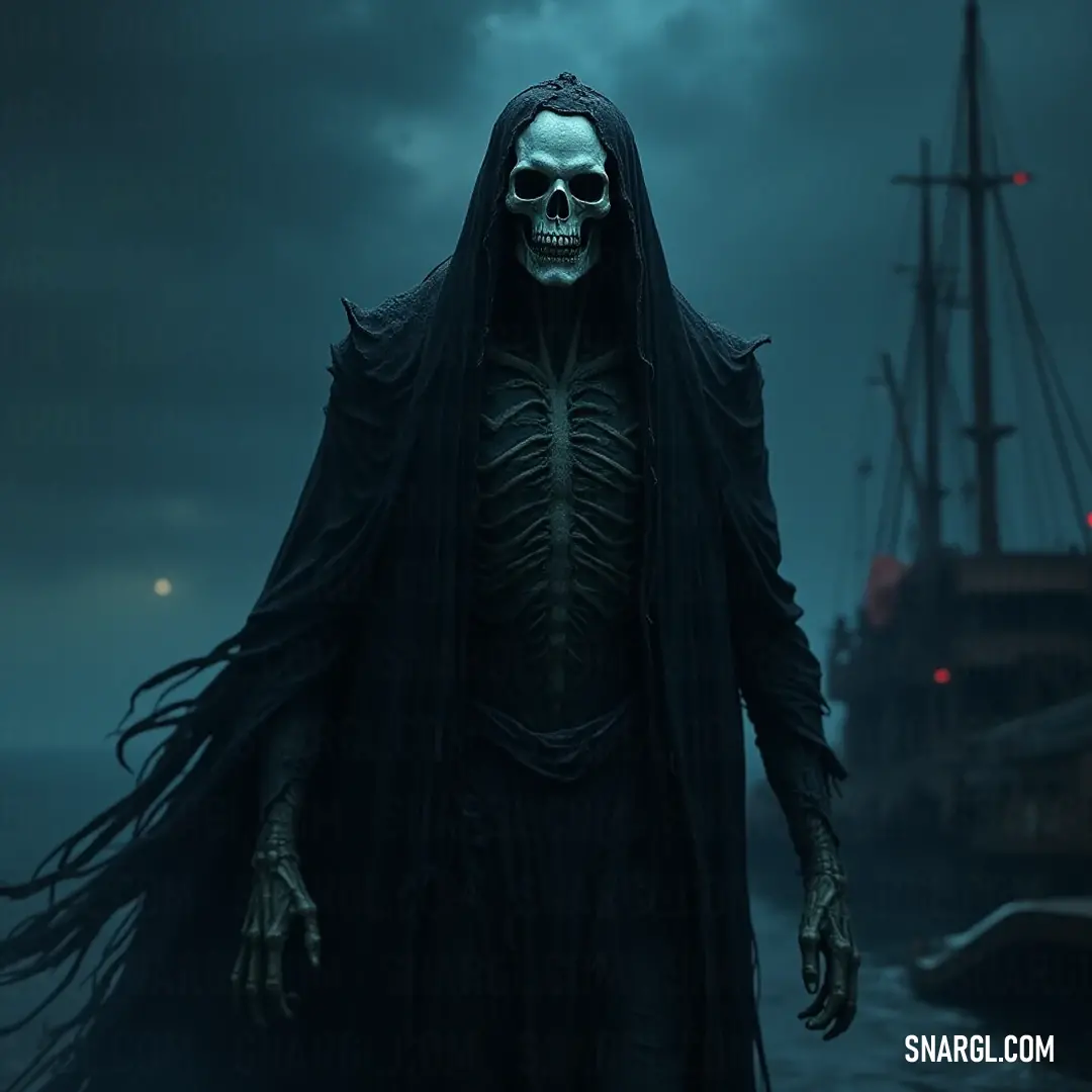 A robed figure stands solemnly in front of an ancient ship, set against the backdrop of a turbulent sea, where waves crash ominously under a darkened sky. A dark figure draped in a flowing black robe stands before a weathered ship, the tumultuous waves crashing against its hull in a foreboding dark sea, creating a scene ripe with tension and looming peril.