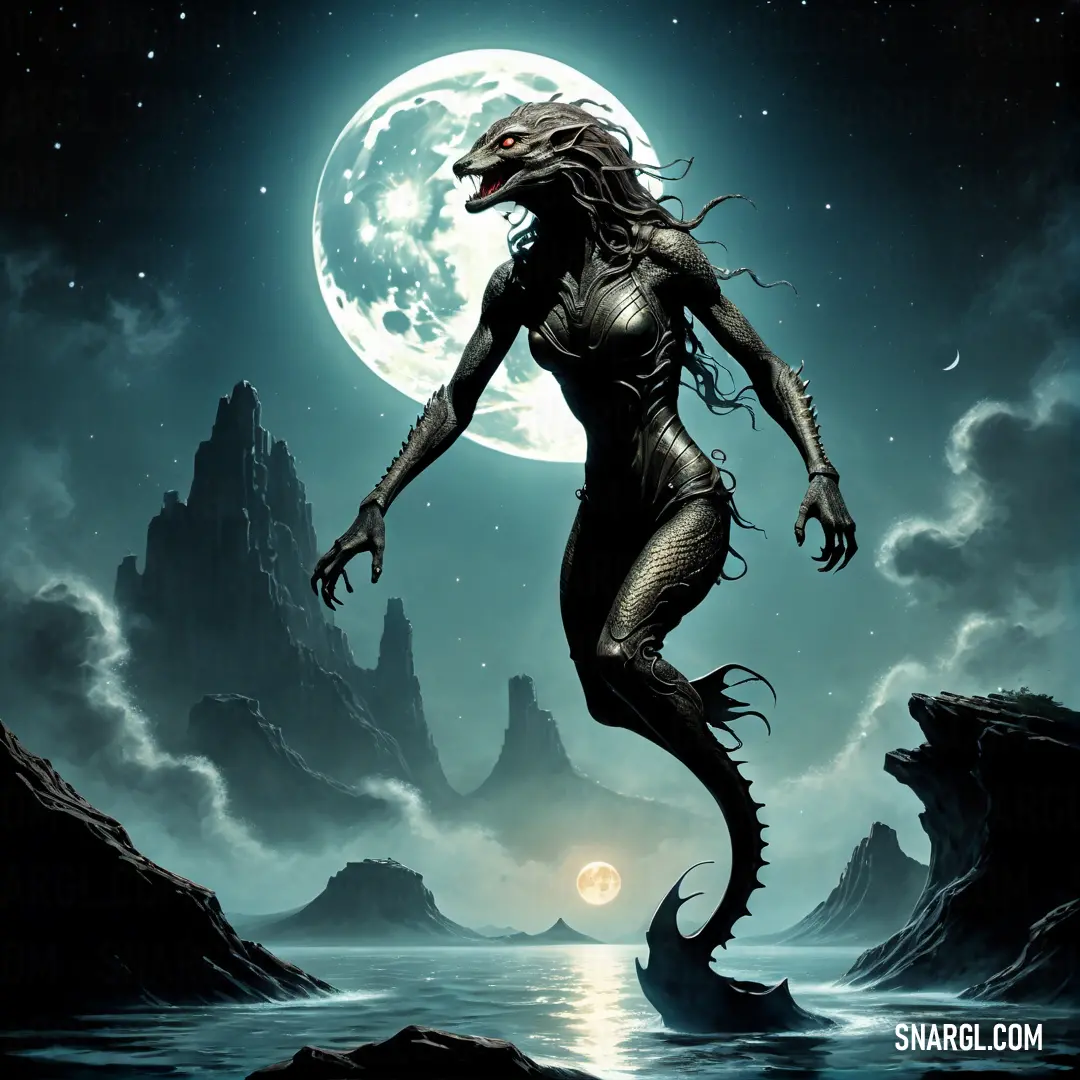 Lamia with a full moon in the background and a body of water in the foreground
