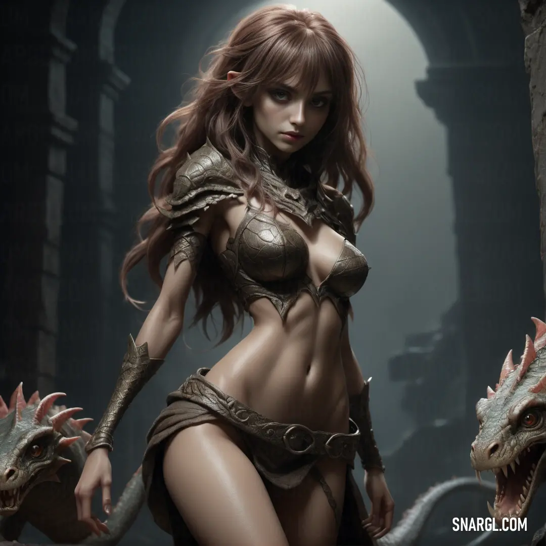 Woman Lamia in a bikini and a dragon costume is standing in a dark cave with a light shining on her