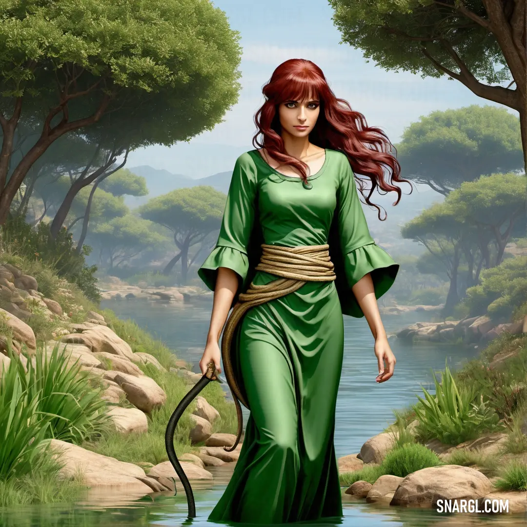 Lamia in a green dress holding a snake in a river with trees in the background and rocks in the foreground