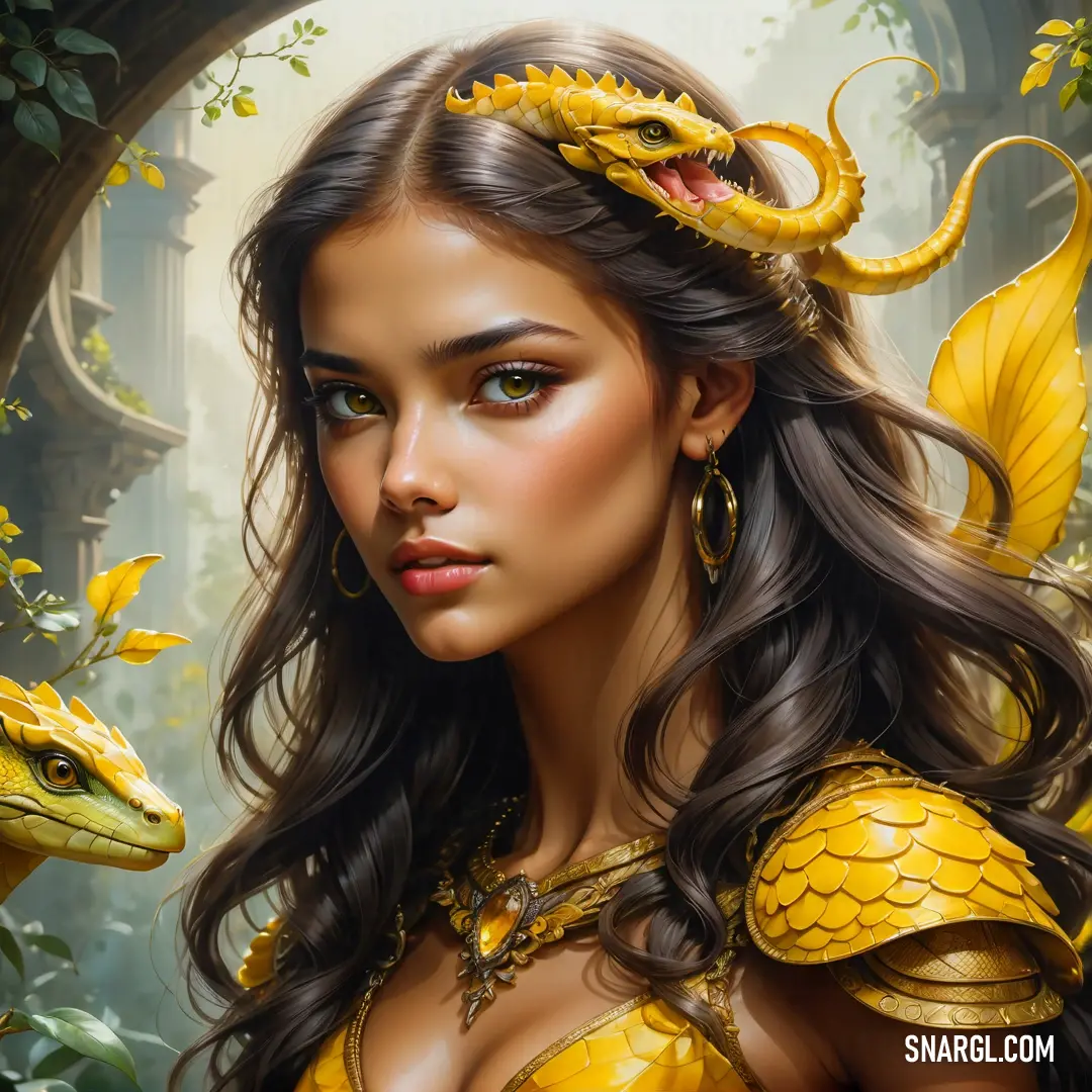 Lamia in a yellow dress with a Lamia on her head and a snake on her shoulder