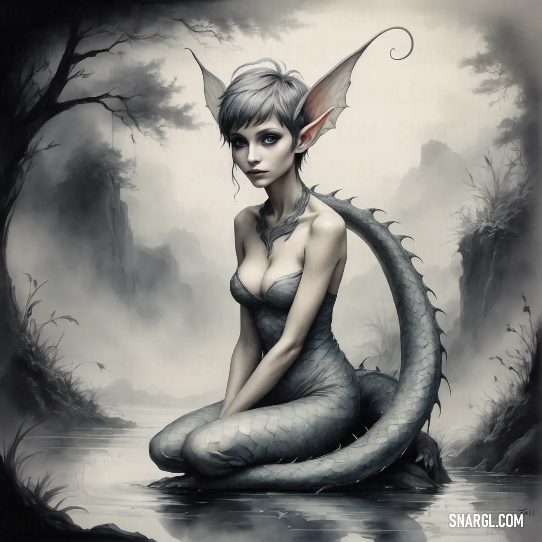 Lamia on a body of water with a Lamia on her back and wings on her head