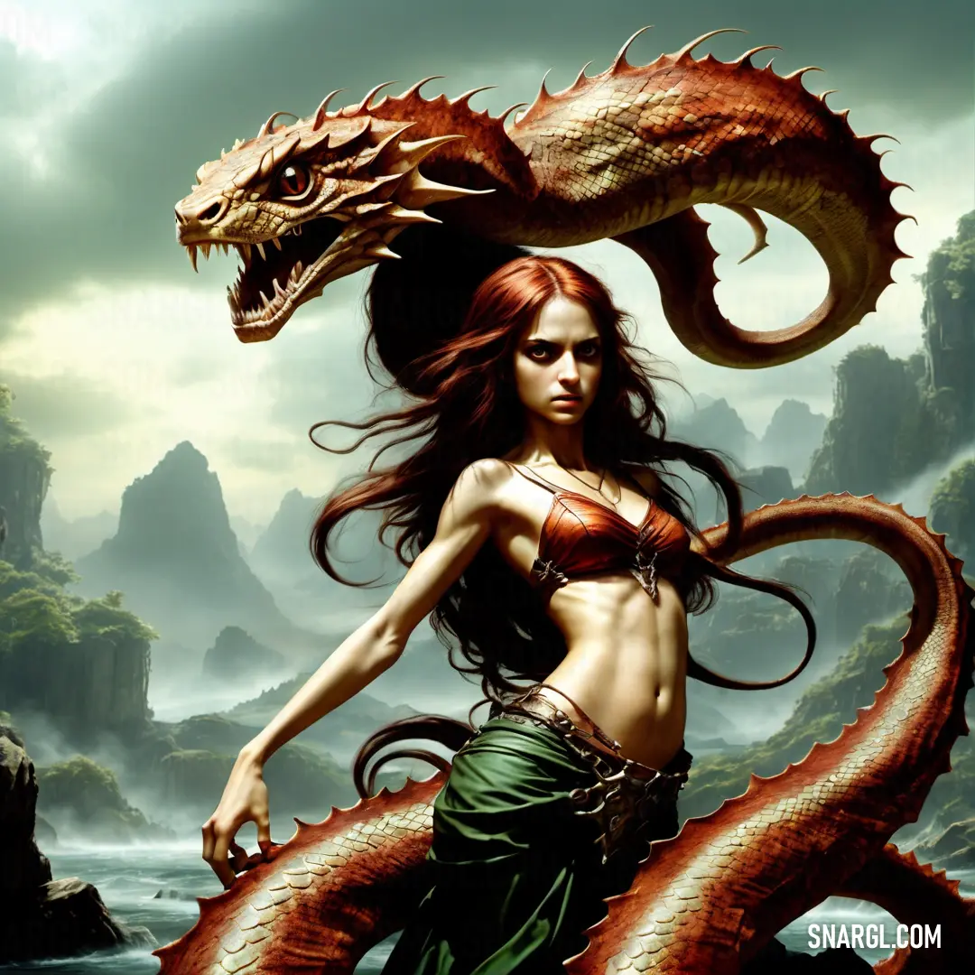Lamia with a Lamia on her back standing next to a river and rocks in the background