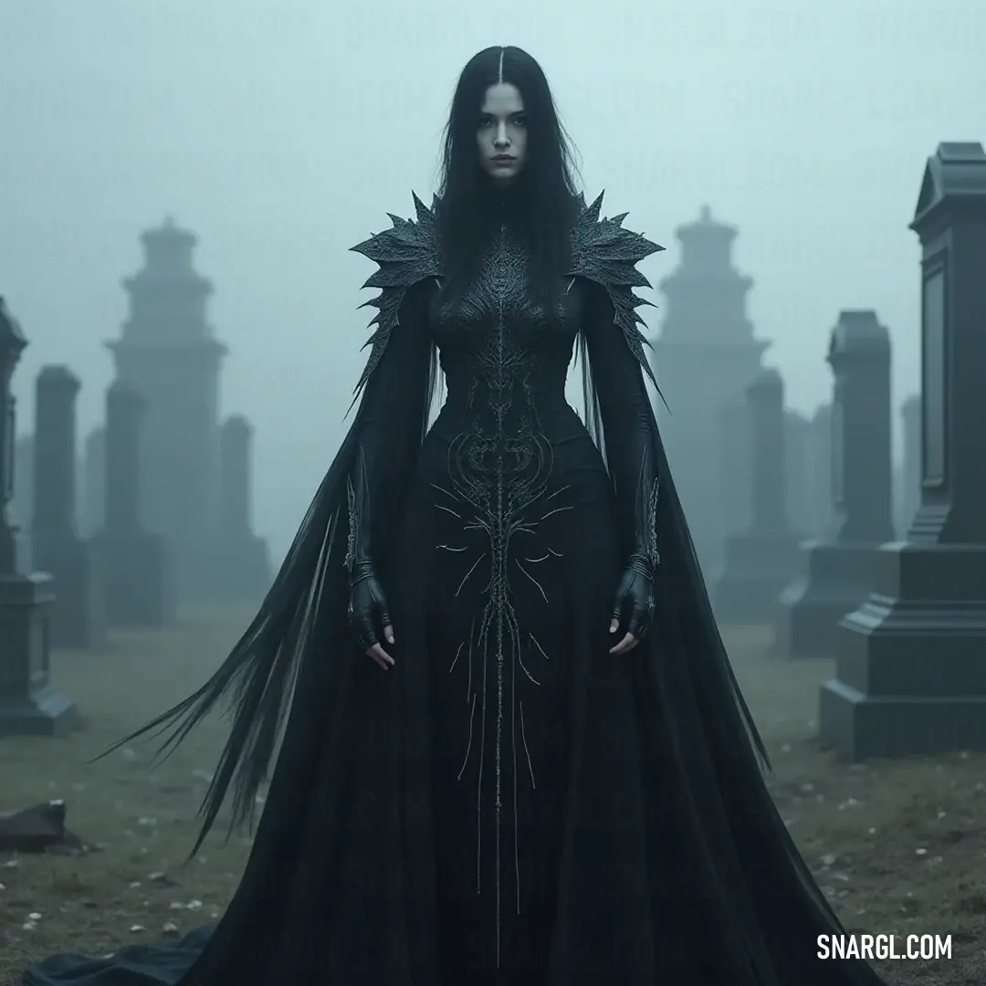 A hauntingly beautiful figure draped in a flowing black gown stands gracefully in a cemetery, surrounded by tombstones that whisper tales of bygone eras, creating an atmosphere steeped in enchantment and mystery. A stunning figure cloaked in a long black dress with an elegant cape stands solemnly in a cemetery, surrounded by age-old tombstones, evoking a sense of mystery and a connection to lost stories of the past.