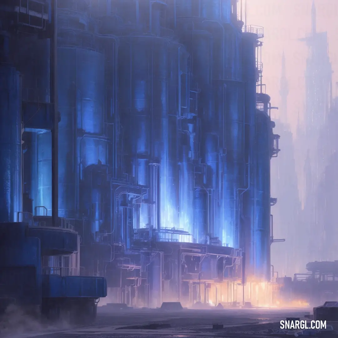 Futuristic city with a lot of pipes and smoke coming out of it's stacks of pipes