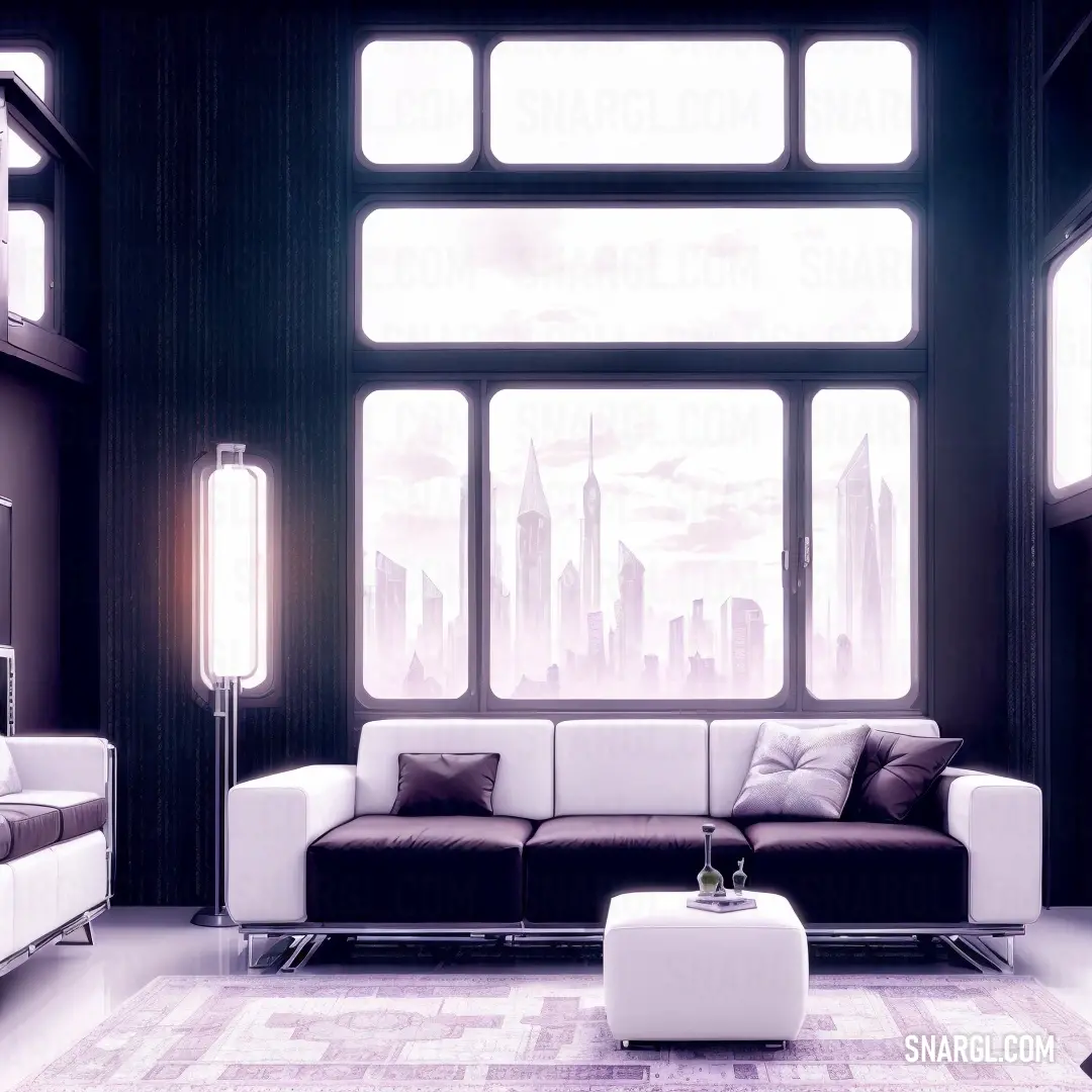 Living room with a couch and a table in it with a city view out the window behind it